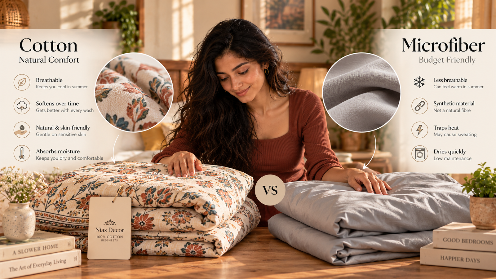 Visual comparison of cotton and microfiber bedsheets, featuring fabric textures and care considerations