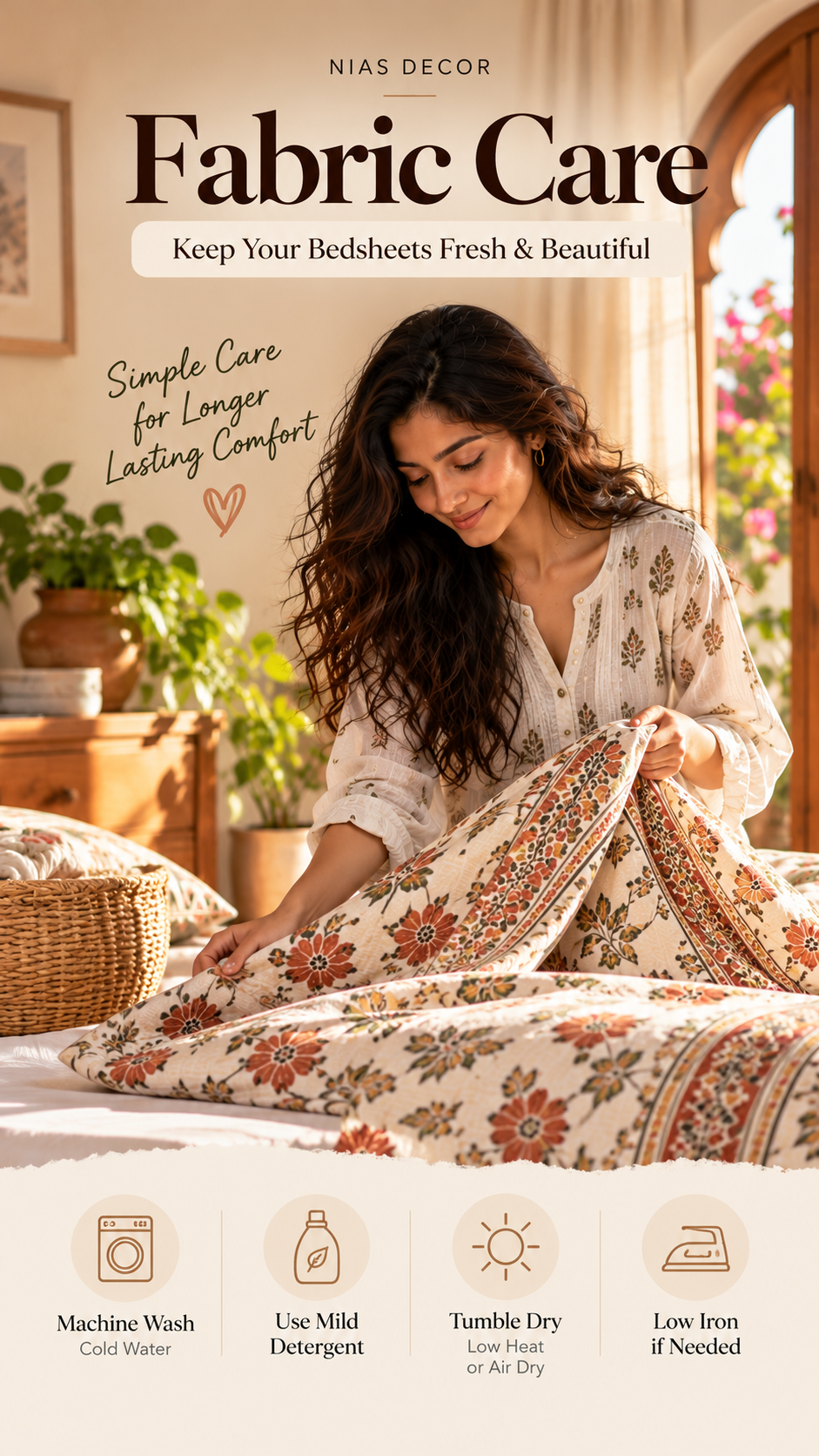 Nias Decor fabric care reel cover with Aarohi demonstrating gentle bedsheet care