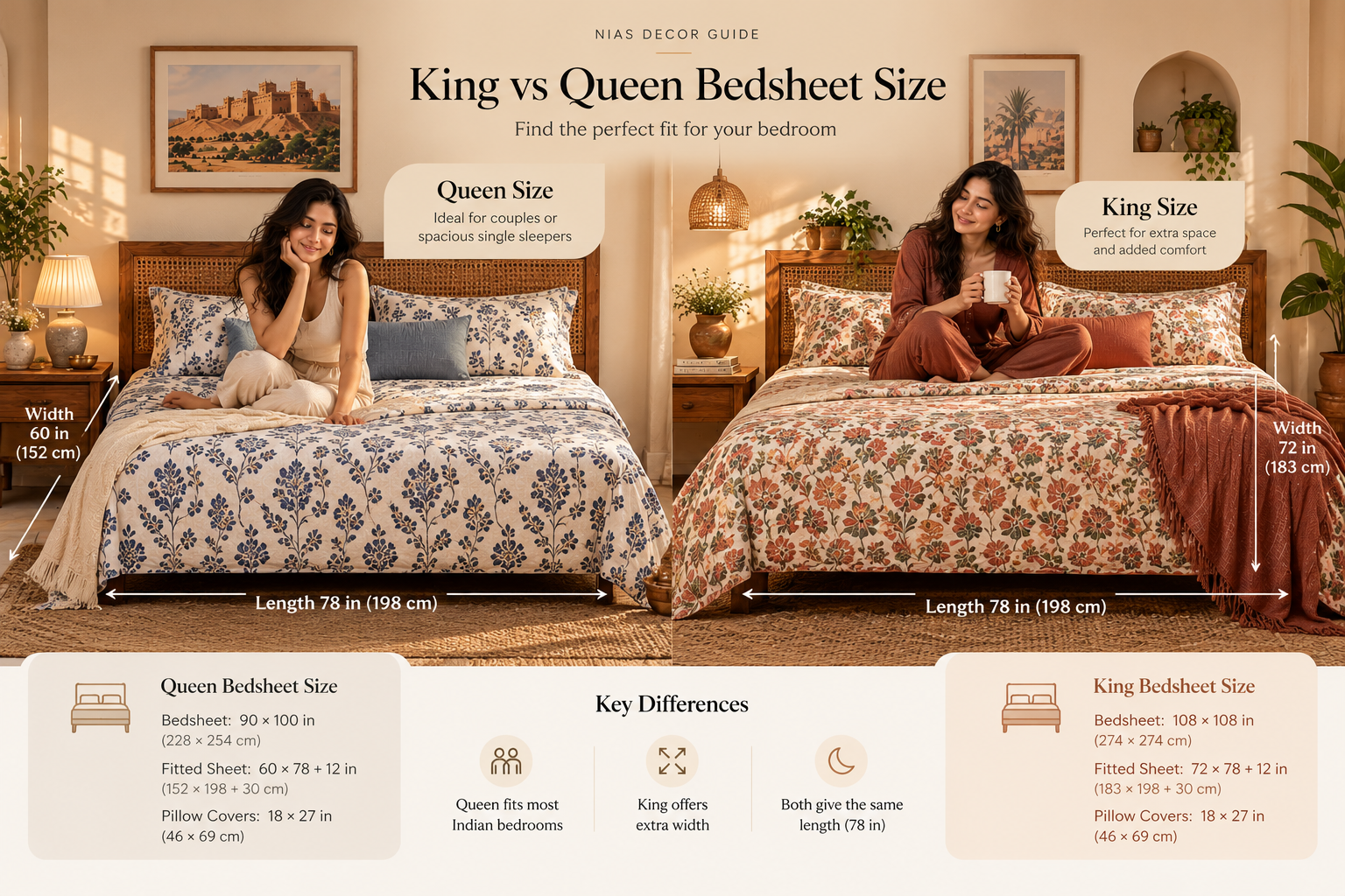 Illustrated king and queen bed size comparison with mattress measurements and bedsheet sizing tips