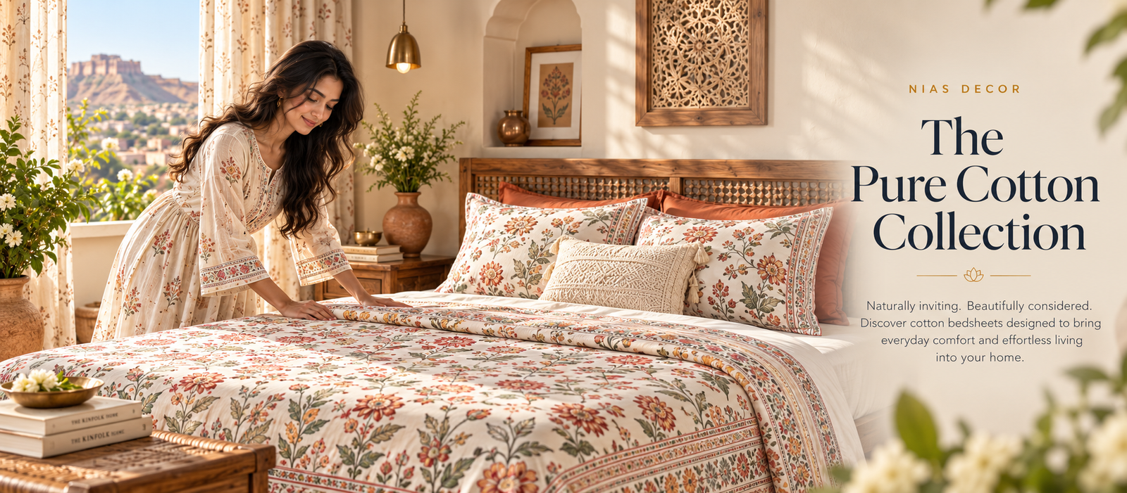Nias Decor Pure Cotton Collection featuring Aarohi styling a terracotta floral cotton bedsheet in a Rajasthan-inspired bedroom.