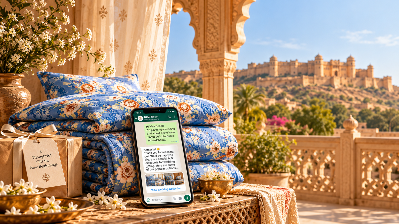 Blue floral NIAS Decor cotton bedsheets beside a wedding gift box and a phone showing a WhatsApp chat about bulk wedding discounts, framed by a Rajasthan fort archway
