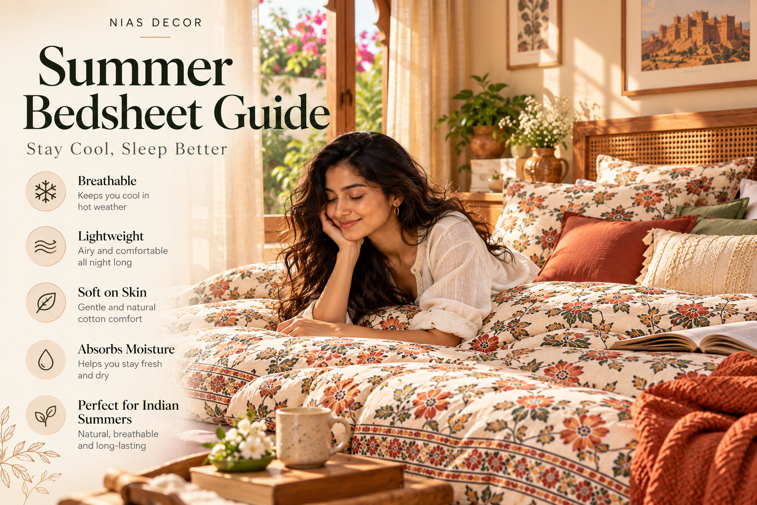 Summer bedsheet guide featuring Aarohi on airy floral bedding in a sunlit bedroom