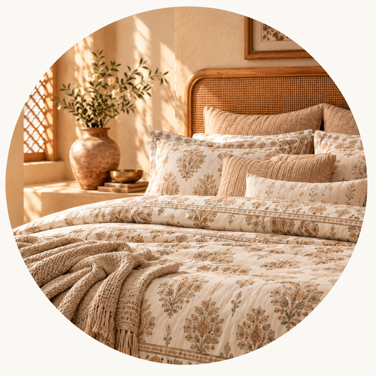 Modern Edits collection featuring botanical cotton bedding in a sunlit bedroom