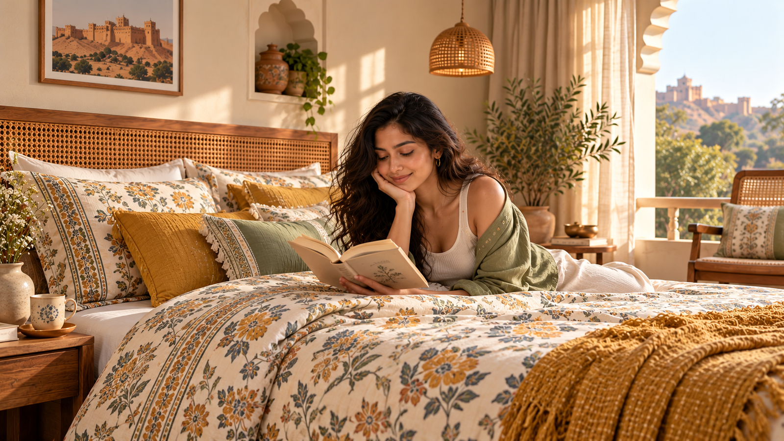 Aarohi reading on floral cotton bedding in a sunlit boho-inspired bedroom