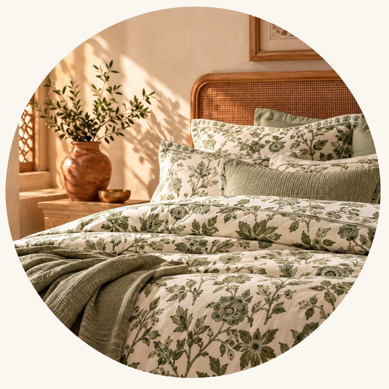 Natural collection featuring neutral botanical bedding and warm woven textures