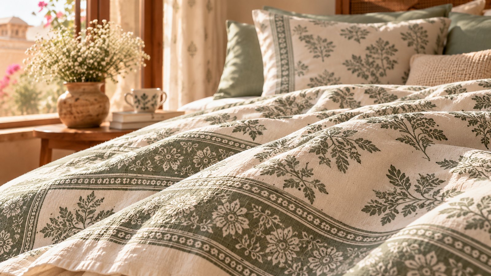 Close-up of sage and ivory patterned bedding in warm sunlight