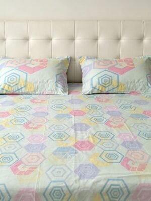 cotton-double-bedsheet-glazed-mint-green-hexagon-print-92-x-100-original-imahqucuazqynrrk.jpeg NIAS Inaya Glazed Cotton Blend Bedsheet Set – Mint Hexagons