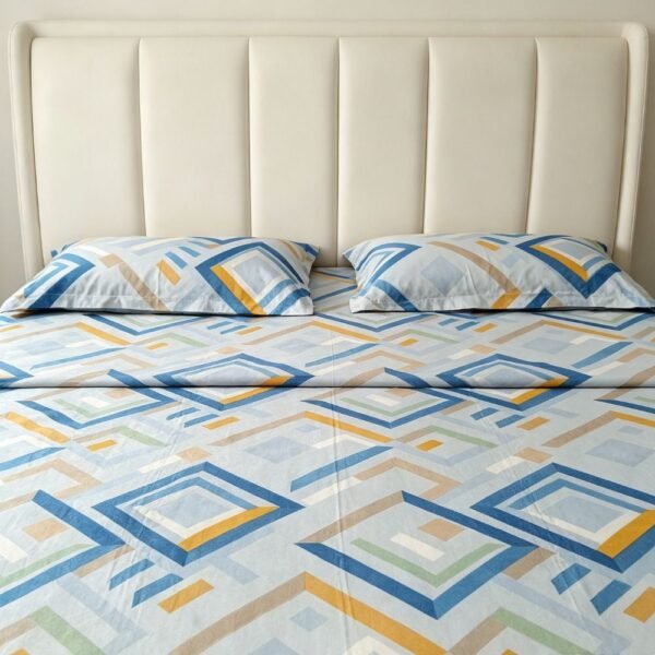 cotton-double-bedsheet-glazed-royal-blue-yellow-diamond-motif-92-original-imahqucuykuqvqyx.jpeg NIAS Zariya Glazed Cotton Blend Bedsheet Set – Blue & Yellow Diamonds