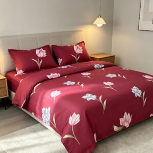 NIAS Gulnaar Glazed Cotton Blend Bedsheet Set – Maroon Tulips
