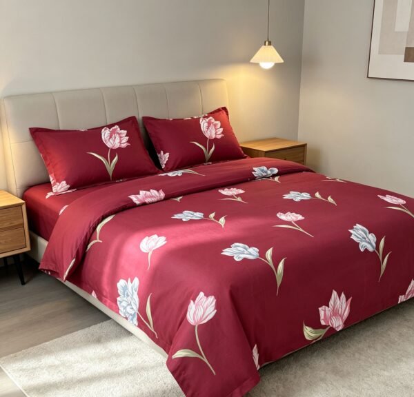 NIAS Gulnaar Glazed Cotton Blend Bedsheet Set – Maroon Tulips
