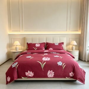 NIAS Gulnaar Glazed Cotton Blend Bedsheet Set – Maroon Tulips