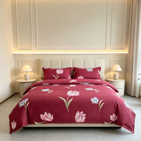NIAS Gulnaar Glazed Cotton Blend Bedsheet Set – Maroon Tulips