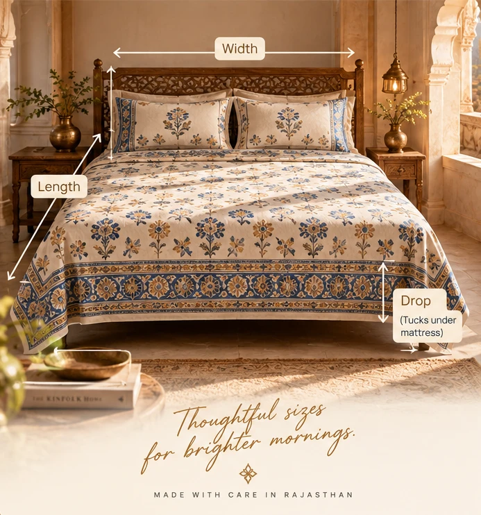 NIAS Decor bedsheet on a styled bed, illustrating width, length and fabric drop